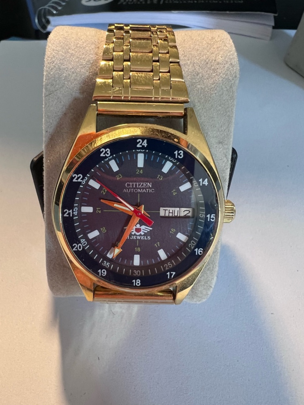 Citizen Gold-Tone Bracelet Watch with Black Dial and Red Second Hand